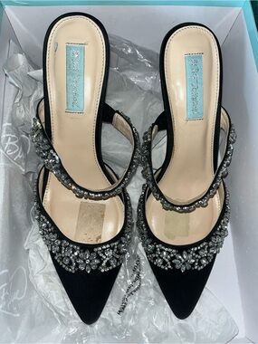 Blue by Betsey Johnson Elina Black Satin Rhinestone Pointed-Toe Mules